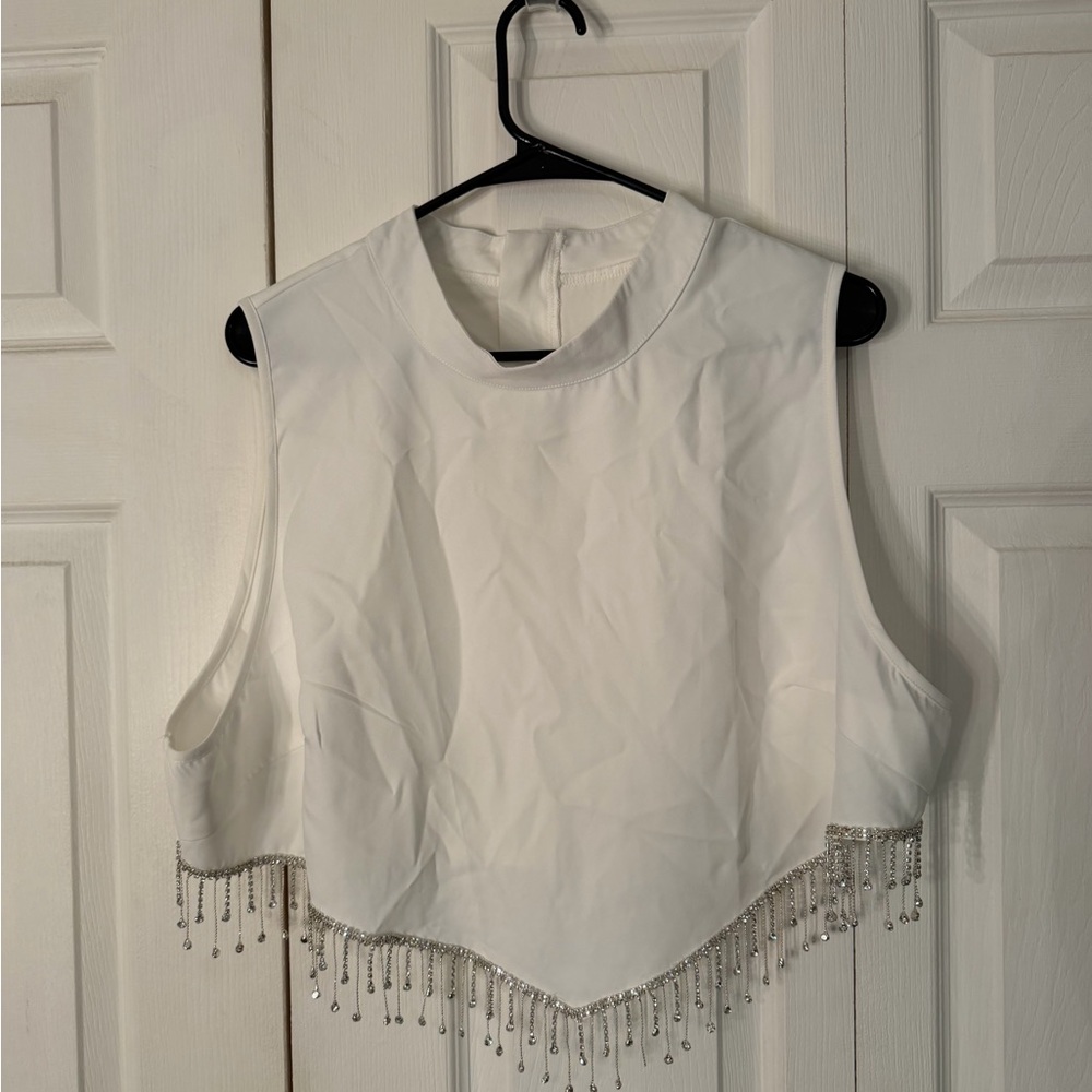 Elegant White Sleeveless Top with Beaded Fringe